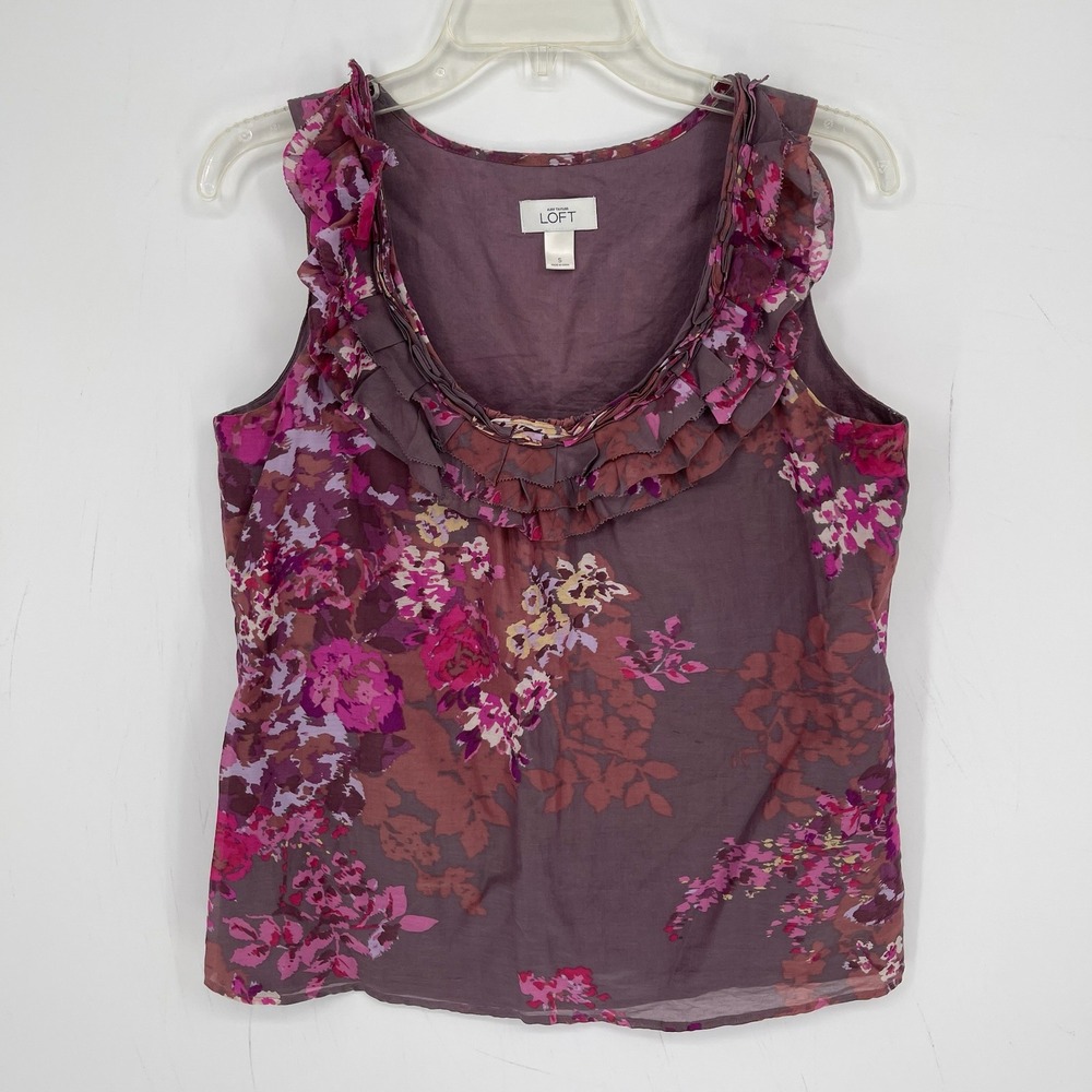 LOFT Women's Purple Floral Ruffle Silk Blend Sleeveless Pullover Tank Top Size S